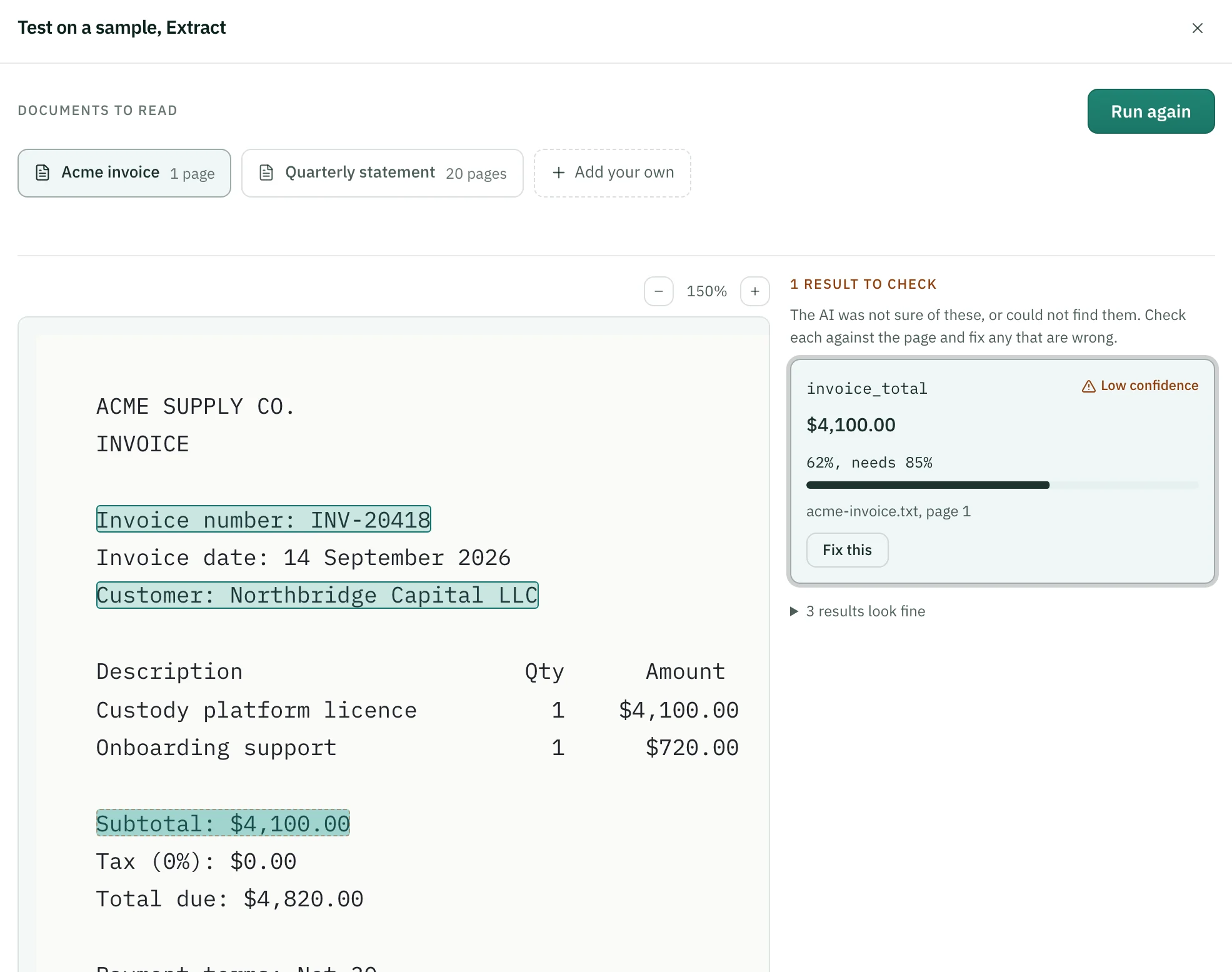 Nura OS live check: a step tested on a sample document, with a confidence score for each result